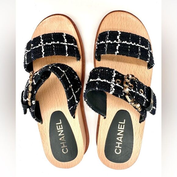 Chanel CC Logo Tweed Flat Wooden Slip -On Mules Sandals In Black  EU 39 US 8-8.5 - Picture 2 of 11